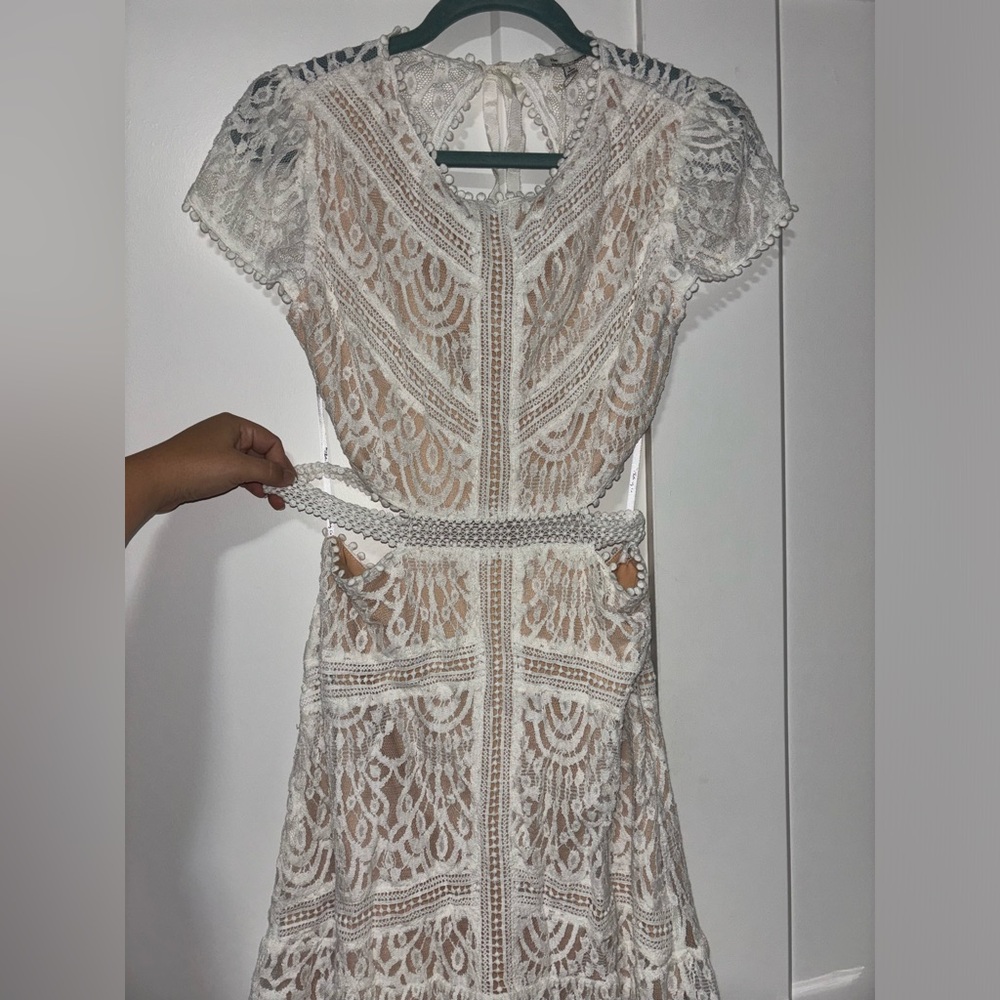 Lace White Cutout Dress with attached belt. Size Large